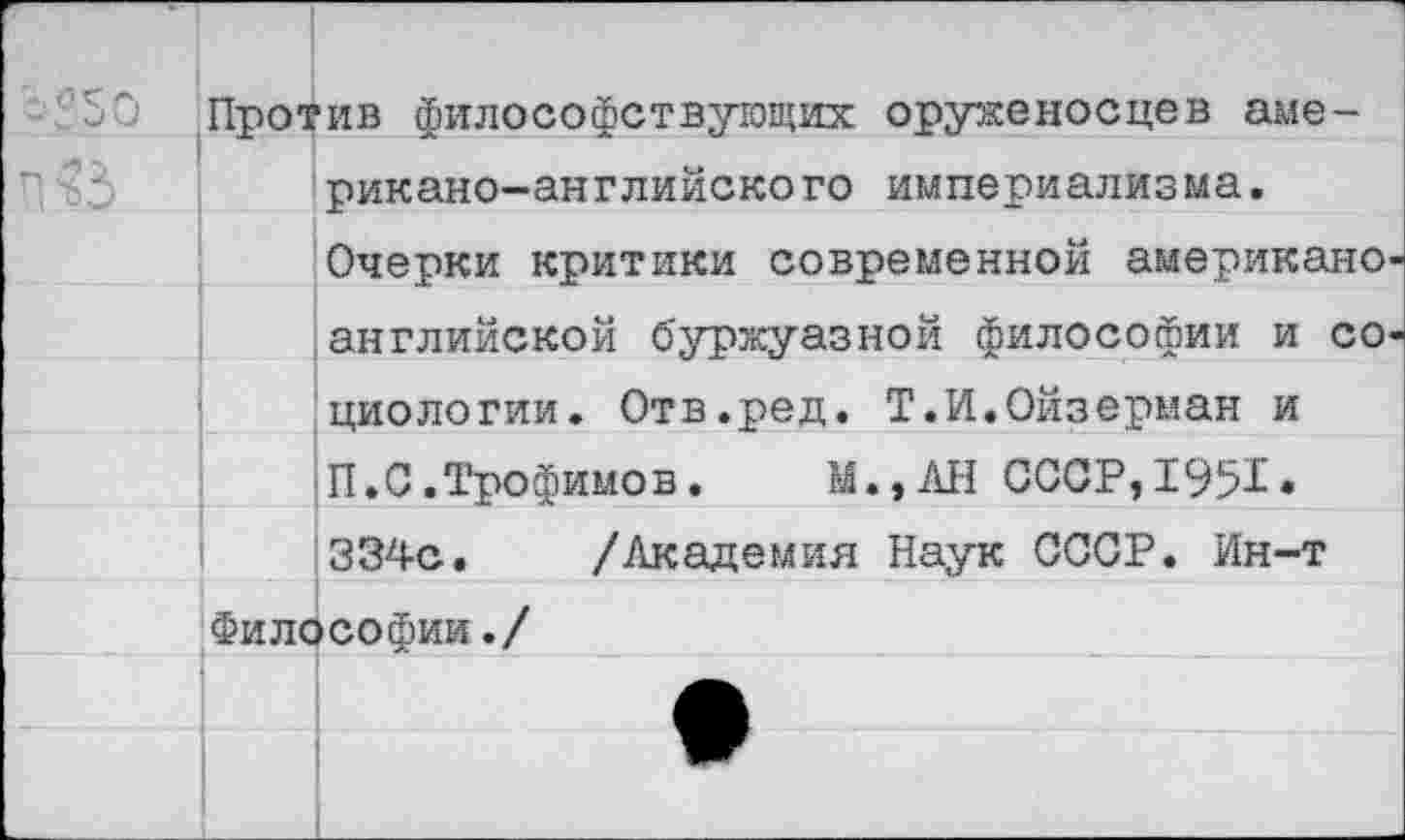 ﻿Против философствующих оруженосцев аме-
рикано-английско го империализма.
Очерки критики современной американо
английской буржуазной философии и со циологии. Отв.ред. Т.И.Ойзерман и П.С.Трофимов. М.,АН СССР,1951« 334с. /Академия Наук СССР. Ин-т Философии./